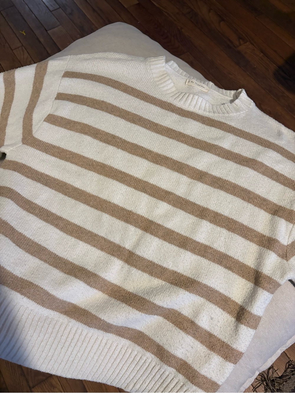 Together Cream and Tan Striped Crewneck Sweater